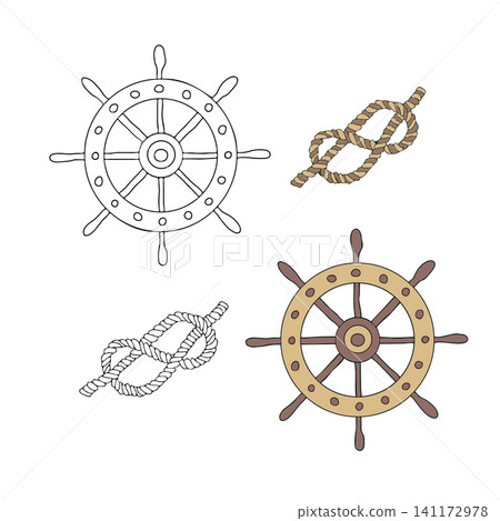 Vintage wooden marine helm and classic rope sailor knot vector graphic illustration. Hand drawn doodle design elements set on white background. For nautical themes, travel, adventure design projects 141172978