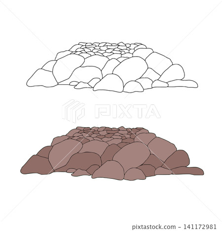 Coastal pier reinforced with pile of large rough breakwater stones. Vector graphic hand drawn illustration. For maritime background, seaport design, nautical concepts. Flat and outline doodle style 141172981
