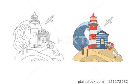 Lighthouse, sea wave, coastal house Nautical coloring page. Seagulls, lifebuoy on shore, ocean theme coloring book. Black and white printable outline vector graphic illustration with color example Lighthouse, sea wave, coastal house Nautical coloring page. Seagulls, lifebuoy on shore, ocean theme coloring book. Black and white printable outline vector graphic illustration with color example 141172982