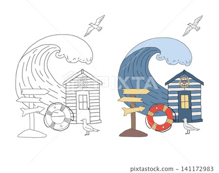 Coastal seascape with house, sea wave nautical coloring page. Seagulls, lifebuoy and signpost, ocean theme kids book. Black and white printable outline vector graphic illustration with color example Coastal seascape with house, sea wave nautical coloring page. Seagulls, lifebuoy and signpost, ocean theme kids book. Black and white printable outline vector graphic illustration with color example 141172983