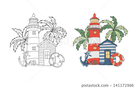 Lighthouse and coastal house landscape nautical coloring page. Palm tree, lifebuoy and anchor, ocean sea concept coloring book. Black and white outline vector graphic illustration with color example 141172986