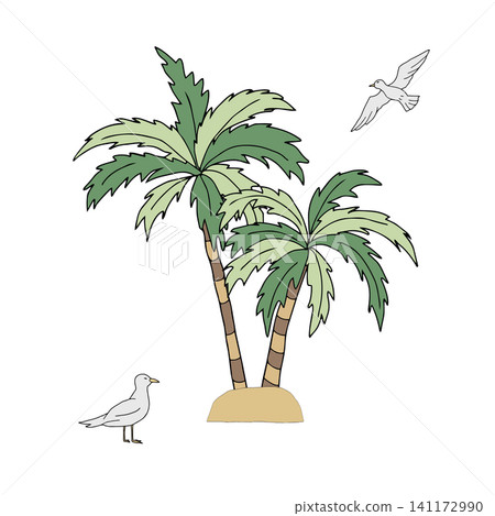 Green palm trees on sand hill dune with seagulls flying. Exotic tropical beach scene. Vector hand drawn graphic illustration. For summer vacation, beach designs, travel vacations, greeting cards Green palm trees on sand hill dune with seagulls flying. Exotic tropical beach scene. Vector hand drawn graphic illustration. For summer vacation, beach designs, travel vacations, greeting cards 141172990