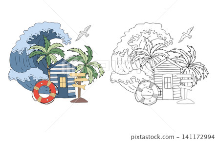 Coastal house seascape, palm tree with sea wave nautical coloring page. Lifebuoy, signpost, ocean seagull kids coloring book. Black and white hand drawn vector graphic illustration and color example Coastal house seascape, palm tree with sea wave nautical coloring page. Lifebuoy, signpost, ocean seagull kids coloring book. Black and white hand drawn vector graphic illustration and color example 141172994