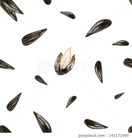Watercolor sunflower seeds seamless pattern. Isolated on white background. Open and close kernel. Hand drawn illustration for snack packaging design, healthy food labels, oil production 141172995