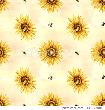 Watercolor sunflower seamless pattern isolated on yellow background. Blooming flowers repeat Hand painted botanical floral illustration. For textile, packaging design, wrapping paper, scrapbooking Watercolor sunflower seamless pattern isolated on yellow background. Blooming flowers repeat Hand painted botanical floral illustration. For textile, packaging design, wrapping paper, scrapbooking 141173001