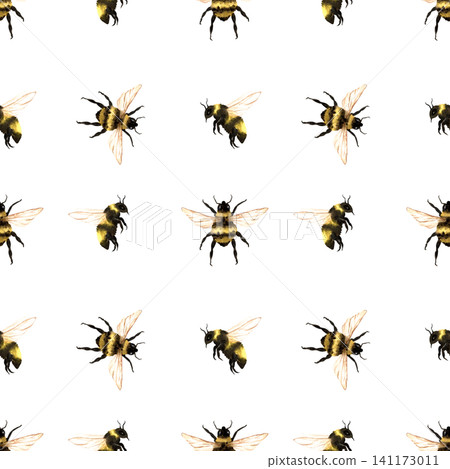 Flying bumblebees pattern watercolor. Seamless background top and profile views of insects. Hand drawn isolated on white illustration. Yellow black striped insects for honey packaging, apiary design Flying bumblebees pattern watercolor. Seamless background top and profile views of insects. Hand drawn isolated on white illustration. Yellow black striped insects for honey packaging, apiary design 141173011