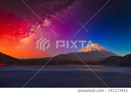 A composite image of Lake Motosu, Mount Fuji, and a beautiful starry sky. A composite image of Lake Motosu, Mount Fuji, and a beautiful starry sky. 141173422