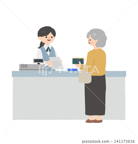 An illustration of a medical staff member handling payments and explanations at the counter of a medical institution or pharmacy, and an elderly woman. An illustration of a medical staff member handling payments and explanations at the counter of a medical institution or pharmacy, and an elderly woman. 141173816