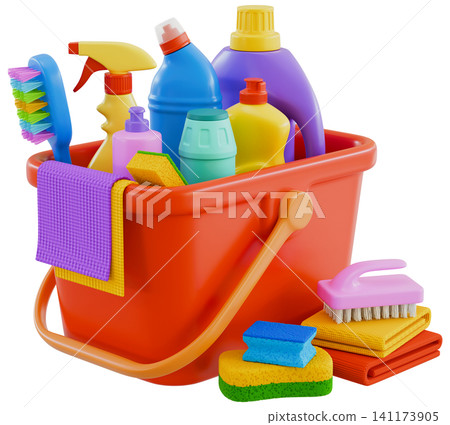 Plastic Bottles with Detergents in the Red Bucket 141173905