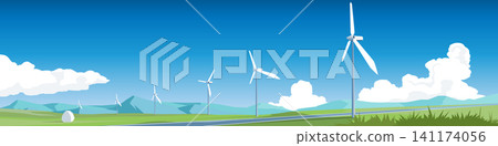 Horizontal or landscape scenic green field with wind turbines spinning and asphalt road that cuts through. Under a bright sky. Clean minimalist scene highlights sustainable energy in nature. Horizontal or landscape scenic green field with wind turbines spinning and asphalt road that cuts through. Under a bright sky. Clean minimalist scene highlights sustainable energy in nature. 141174056