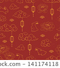 Asian traditional festival seamless pattern with gold line art peony flowers,rabbits,lanterns and cloud on red background for Lunar New Year or Mid Autumn Festival 141174118