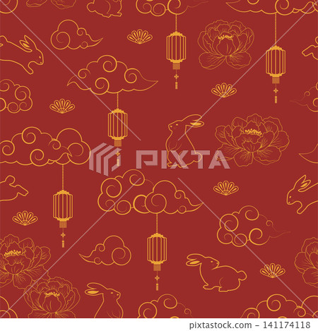 Asian traditional festival seamless pattern with gold line art peony flowers,rabbits,lanterns and cloud on red background for Lunar New Year or Mid Autumn Festival Asian traditional festival seamless pattern with gold line art peony flowers,rabbits,lanterns and cloud on red background for Lunar New Year or Mid Autumn Festival 141174118