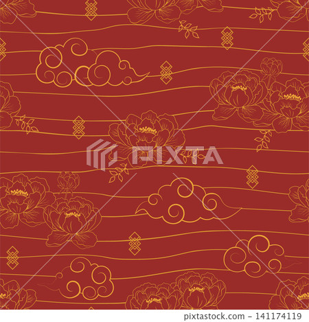 Asian traditional festival seamless pattern with gold line art peony flowers and cloud on red background for Lunar New Year or Mid Autumn Festival Asian traditional festival seamless pattern with gold line art peony flowers and cloud on red background for Lunar New Year or Mid Autumn Festival 141174119