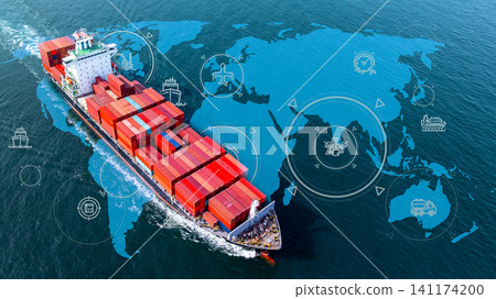 Aerial view container ship cargo freight shipping international, Global business freight shipping import export logistic transportation container ship, Container ship cargo sea freight container ship. Aerial view container ship cargo freight shipping international, Global business freight shipping import export logistic transportation container ship, Container ship cargo sea freight container ship. 141174200