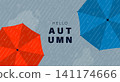 Autumn, umbrella, rain illustration featuring Hello Autumn greeting. Seasonal vector background design with red and blue umbrellas in a rainy weather concept, perfect for posters and banners 141174666