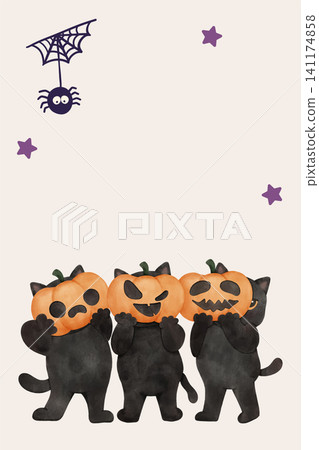 Halloween Three Black Cats in Pumpkin Mask Cute Watercolor Illustration with Copy Space Halloween Three Black Cats in Pumpkin Mask Cute Watercolor Illustration with Copy Space 141174858