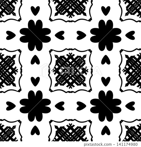 Seamless Black and White Geometric Floral Pattern with Hearts, Hand Drawn Abstract Repeat Background for Textile, Wallpaper and Surface Design Seamless Black and White Geometric Floral Pattern with Hearts, Hand Drawn Abstract Repeat Background for Textile, Wallpaper and Surface Design 141174980