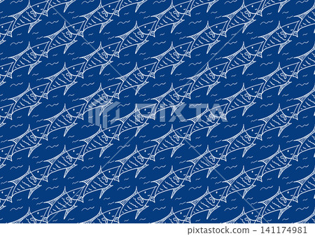 Seamless Hand Drawn Blue Fish Pattern Background with White Line Art, Marine Ocean Repeat Texture for Fabric, Wallpaper and Wrapping Paper Seamless Hand Drawn Blue Fish Pattern Background with White Line Art, Marine Ocean Repeat Texture for Fabric, Wallpaper and Wrapping Paper 141174981