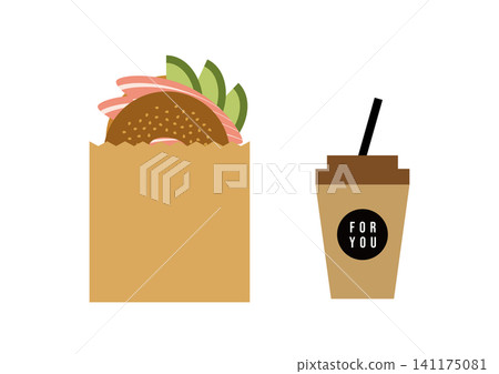 An illustration of a bagel sandwich and takeout coffee in a paper bag. 141175081