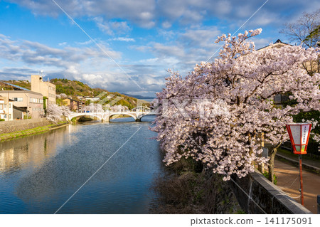 A spring scene in Kanazawa City, Ishikawa Prefecture, featuring the townscape along the Sai River, cherry blossoms in full bloom, and a bridge. A spring scene in Kanazawa City, Ishikawa Prefecture, featuring the townscape along the Sai River, cherry blossoms in full bloom, and a bridge. 141175091