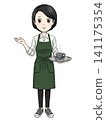 A smiling female cafe employee guiding customers (illustration) 141175354