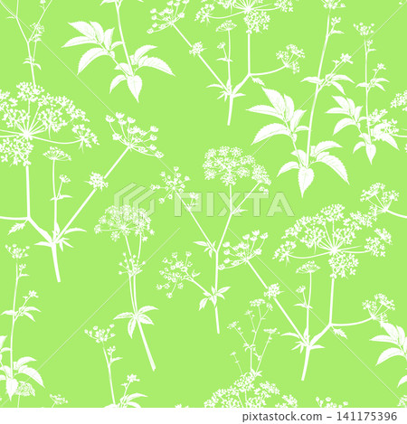 Seamless background with greenery and flowers . Hand drawn. Not AI, vector illustration. Seamless background with greenery and flowers . Hand drawn. Not AI, vector illustration. 141175396