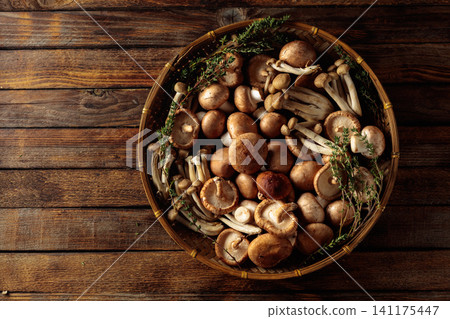 An assortment of mushrooms on a rustic wooden board with sprigs of thyme. An assortment of mushrooms on a rustic wooden board with sprigs of thyme. 141175447