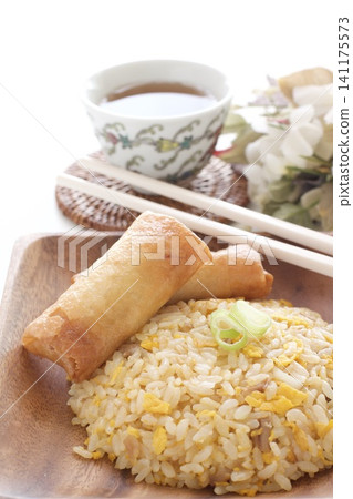 Fried rice, spring roll set, and Chinese tea 141175573