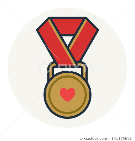 Golden medal with a red heart symbol representing victory in love, excellence in care, charity award, or wellness recognition. Golden medal with a red heart symbol representing victory in love, excellence in care, charity award, or wellness recognition. 141175691