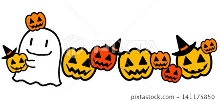 Illustration material: A parade of cute Halloween ghosts and jack-o'-lanterns Illustration material: A parade of cute Halloween ghosts and jack-o'-lanterns 141175850
