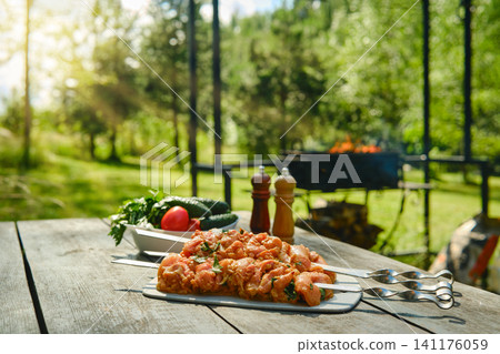 Chicken skewers with vegetables prepared for grilling outdoors in garden setting Chicken skewers with vegetables prepared for grilling outdoors in garden setting 141176059