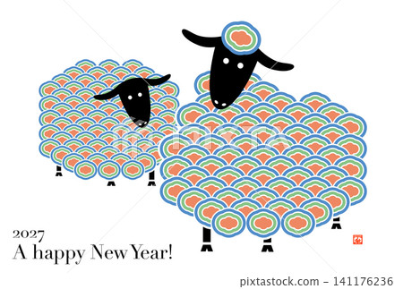 新年賀卡,圖案為兩隻綿羊,設計C / 傳統日本圖案:青海波(波浪圖案) 新年賀卡,圖案為兩隻綿羊,設計C / 傳統日本圖案:青海波(波浪圖案) 141176236