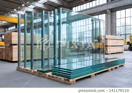 Glass sheets and panels on pallets in factory warehouse Glass sheets and panels on pallets in factory warehouse 141176510