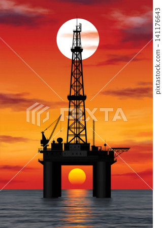 Offshore oil rig drilling platform at sunset Offshore oil rig drilling platform at sunset 141176643