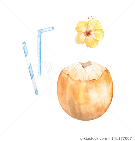 Watercolor illustration of a tropical coconut cocktail with a straw. Coconut water on the beach, while traveling, or on vacation. Hand-drawn summer yellow hibiscus flower. Suitable for design, print Watercolor illustration of a tropical coconut cocktail with a straw. Coconut water on the beach, while traveling, or on vacation. Hand-drawn summer yellow hibiscus flower. Suitable for design, print 141177007