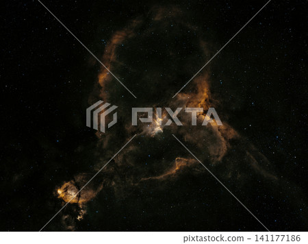Vast celestial clouds of glowing gas and dark dust intricately shape the distant Heart Nebula, a star-forming region, seen against a field of countless stars at night. 141177186