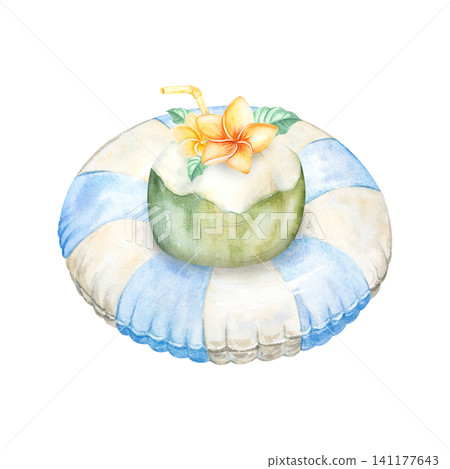 Watercolor illustration of a tropical coconut cocktail with a straw. Coconut water on a beach, vacation, or in a pool on an inflatable striped float. Hand-drawn summer yellow hibiscus flower. Watercolor illustration of a tropical coconut cocktail with a straw. Coconut water on a beach, vacation, or in a pool on an inflatable striped float. Hand-drawn summer yellow hibiscus flower. 141177643