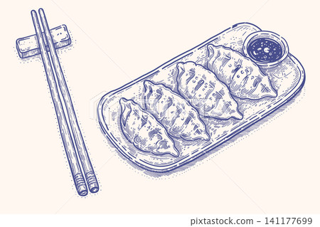 Blue Dumplings on Plate with Chopsticks and Sauce Vintage Engraving Blue Dumplings on Plate with Chopsticks and Sauce Vintage Engraving 141177699