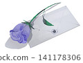 An illustration of a single blue rose and a letter. 141178306