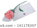 An illustration of a single red rose and a letter. 141178307
