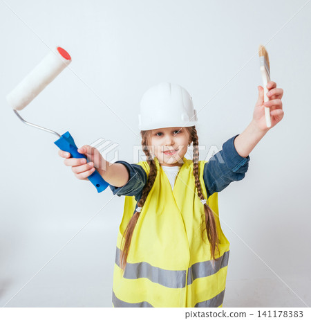 Little girl on the white background. Construction Little girl on the white background. Construction 141178383