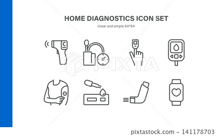 Simple Set of Home Diagnostics Related Vector Line Icons. Contains such Icons as Thermometer, Blood Pressure Monitor, Pulse Oximeter, Glucose Meter, Inhaler and more. Editable Stroke. Pixel Perfect Ve Simple Set of Home Diagnostics Related Vector Line Icons. Contains such Icons as Thermometer, Blood Pressure Monitor, Pulse Oximeter, Glucose Meter, Inhaler and more. Editable Stroke. Pixel Perfect Ve 141178703