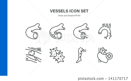 Simple Set of Blood Vessels Related Vector Line Icons. Contains such Icons as Artery, Vein, Aorta, Thrombosis, Atherosclerosis and more. Editable Stroke. Pixel Perfect Vector. 141178717
