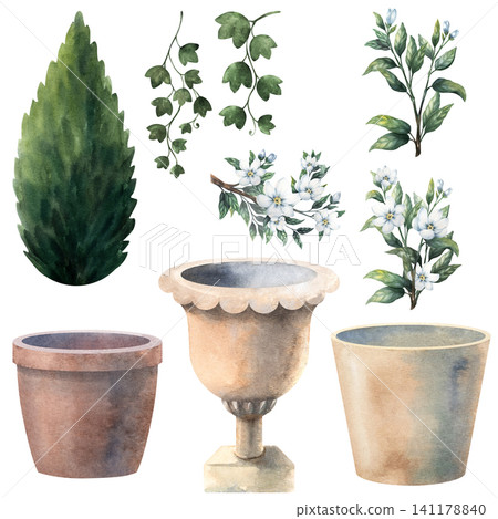 Watercolor Victorian garden clipart collection with architectural elements, botanical branches, planters, garden ornaments. Elegant design resources for invitations, branding, scrapbooking, stationery Watercolor Victorian garden clipart collection with architectural elements, botanical branches, planters, garden ornaments. Elegant design resources for invitations, branding, scrapbooking, stationery 141178840