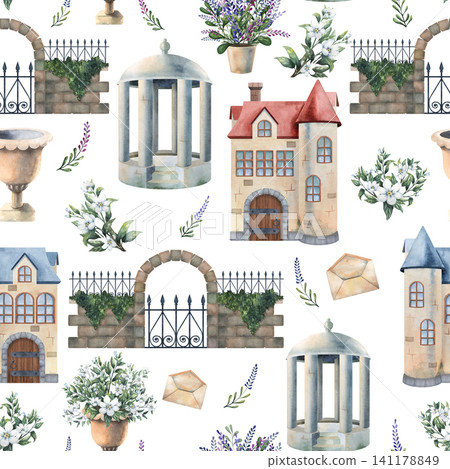 Seamless watercolor pattern featuring Victorian manor houses, garden pavilions, stone arches and botanical elements. Elegant repeat design for wallpaper, fabric, stationery, wrapping paper, home decor Seamless watercolor pattern featuring Victorian manor houses, garden pavilions, stone arches and botanical elements. Elegant repeat design for wallpaper, fabric, stationery, wrapping paper, home decor 141178849