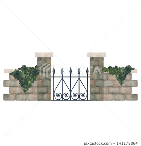 Watercolor Victorian stone garden entrance with ivy and wrought iron fence, isolated on white. Elegant English manor landscape element for invitations, storybook scenes and botanical designs Watercolor Victorian stone garden entrance with ivy and wrought iron fence, isolated on white. Elegant English manor landscape element for invitations, storybook scenes and botanical designs 141178864