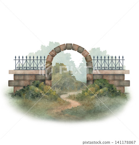 Watercolor Victorian garden entrance with stone arch, winding path and lush greenery. Elegant English manor landscape for storybook illustrations, stationery, branding and invitations Watercolor Victorian garden entrance with stone arch, winding path and lush greenery. Elegant English manor landscape for storybook illustrations, stationery, branding and invitations 141178867