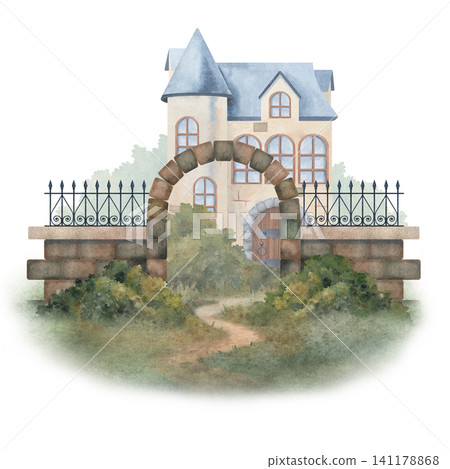 Watercolor Victorian manor entrance with stone arch, garden path and elegant house. Storybook English estate illustration for invitations, branding, stationery and botanical projects Watercolor Victorian manor entrance with stone arch, garden path and elegant house. Storybook English estate illustration for invitations, branding, stationery and botanical projects 141178868