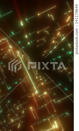 Abstract golden and teal circuit lines glowing on a dark background, representing data systems, technology, and digital networks. 141179644