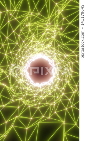 Glowing green network of connected nodes forming a bright circular portal, ideal for digital technology and data concepts. 141179645